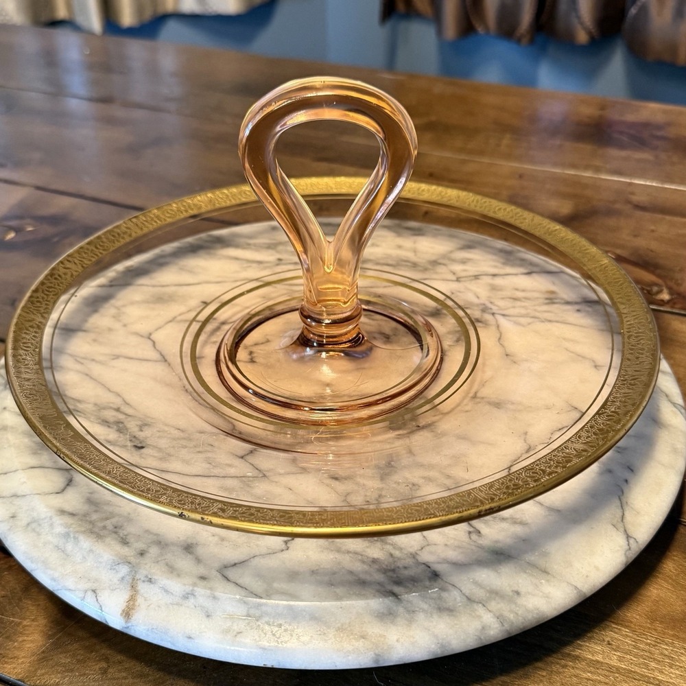 VTG 30s MCM Pink Depression Ware Glass Handle Server Tidbit Tray 22kt Gold Trim